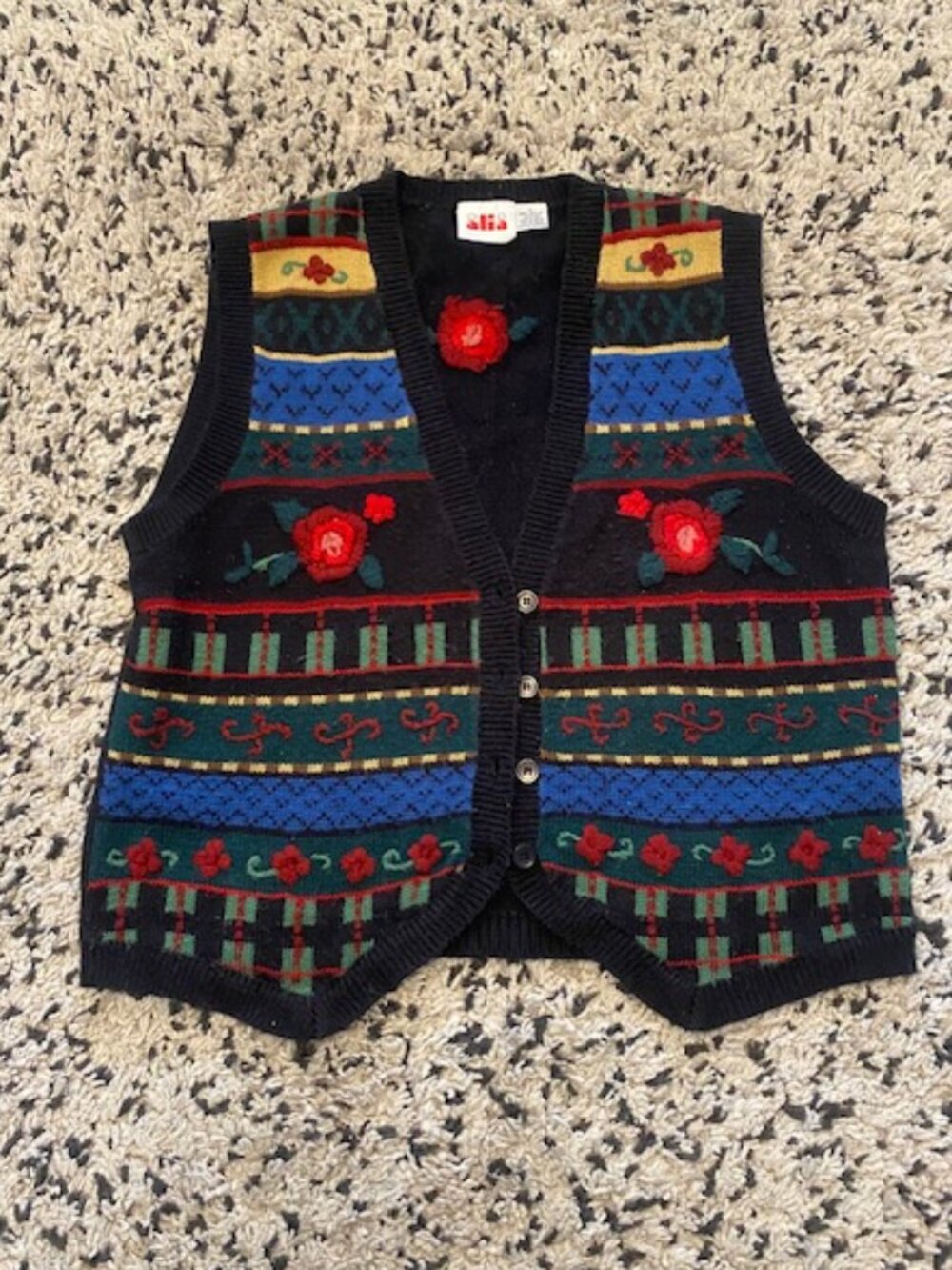 Vintage Knit Vest Embellished Roses Boho, Grandmacore Large